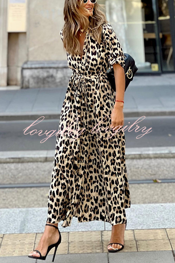 Best of Me Leopard Print Button Long Sleeve Elastic Waist Shirt Maxi Dress