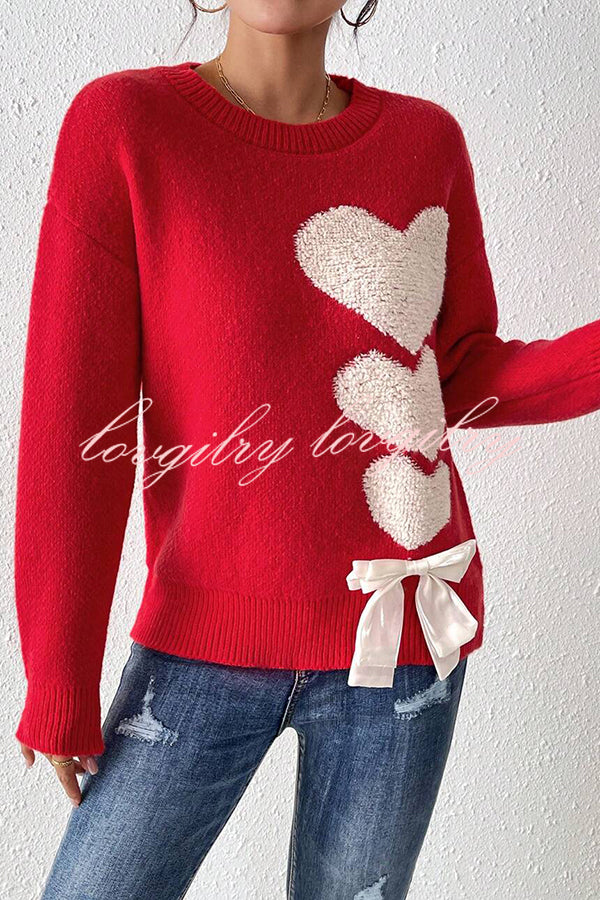 Love Jacquard Loose Cute Bowknitted Long Sleeve Sweater