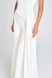 Pippa High Neck Short Sleeve Irregular Drape Hem Top and Elastic Waist Flare Pants Set