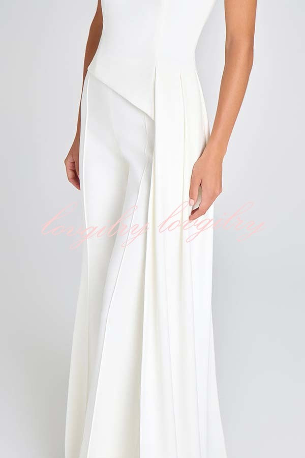Pippa High Neck Short Sleeve Irregular Drape Hem Top and Elastic Waist Flare Pants Set