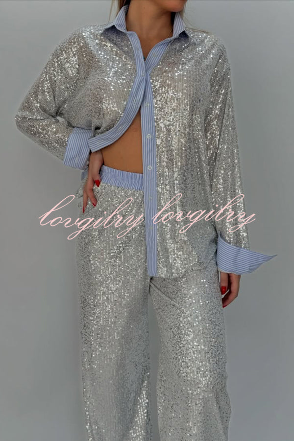 Fashion Sequined Loose Long-sleeved Shirt and Casual Elastic Waist Wide-leg Pants Set