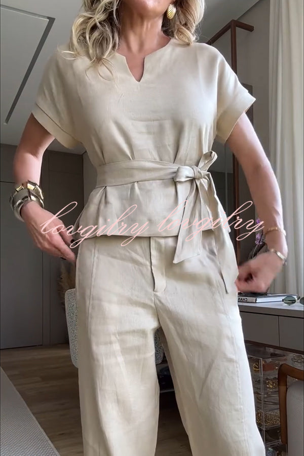 Emory Linen Blend Tie-up Short Sleeve Top and Elastic Waist Pocket Button Hem Pants Set