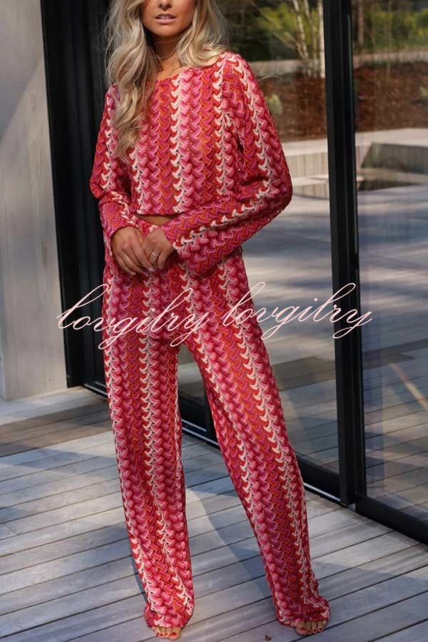 Tamia Knit Colorful Wave Unique Print Crop Top and Stretch Wide Leg Pants Set
