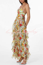 Sunrise Goddess Chiffon Roses Print Ruffles Tiered Trim Maxi Dress