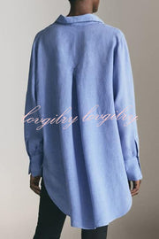 Reality Calling Linen Blend Solid Button Long Sleeve Loose Blouse