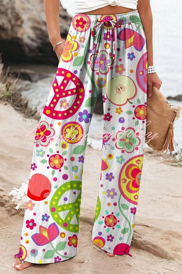 Colorful Print Elastic Waist Drawstring Pocket Pants