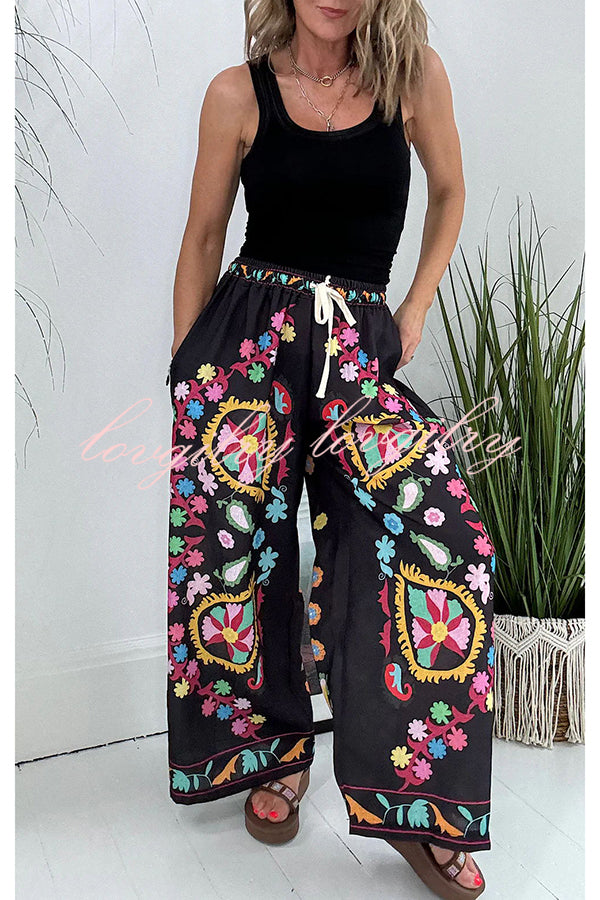 Hippie Style Unique Floral Denim Print Elastic Waist Pocket Wide Leg Pants