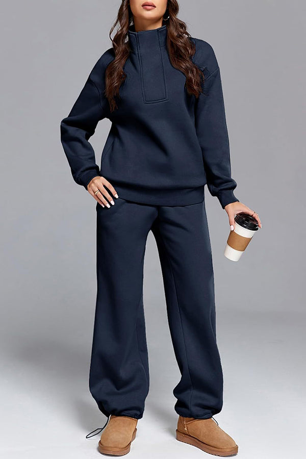 Solid Color Long-sleeved Lapel Sports Sweatshirt and Elastic Waist Casual Pocket Pants Set