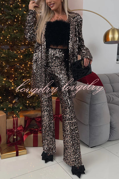 Chic Party Season Sequin High Rise Elastic Waist Flared Stretch Pants