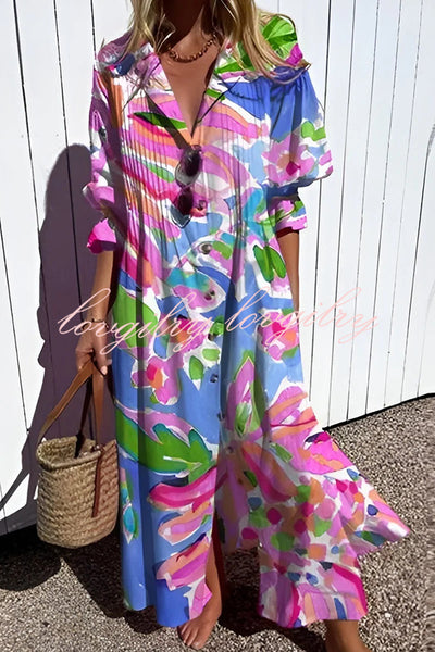 Unique Print Gathered Loose Casual Midi Dress