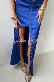 Solid Color Casual Sleeveless Crop Top and Elegant Button-down Maxi Skirt Set
