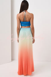 Get Ready Beautiful Gradient Print Cutout Halterneck Pleated Maxi Dress