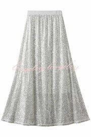 Golden Evening Sequin Elastic Waist Maxi Skirt