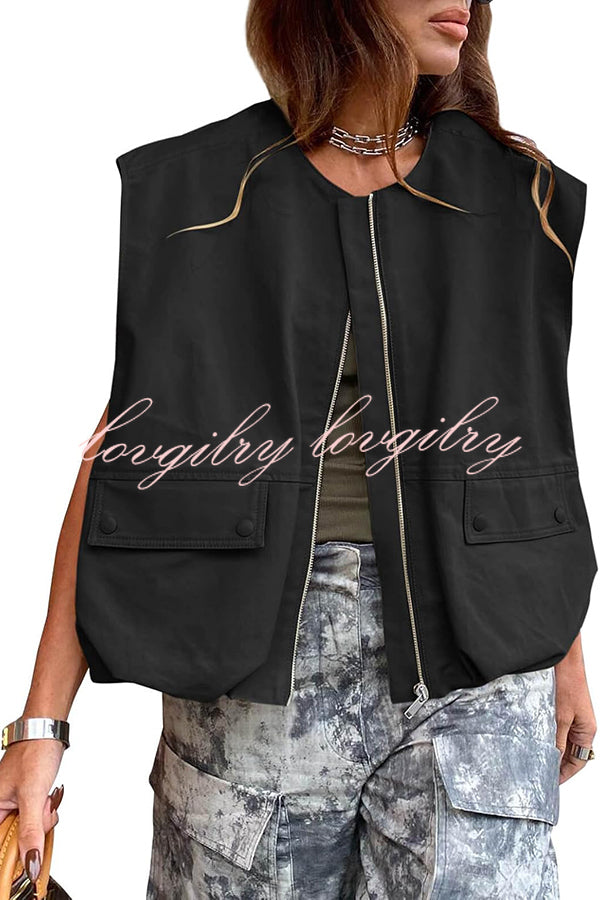 Fashion Zipper Sleeveless Pocket Loose Vest Jacket