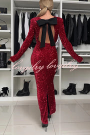 My Space Velvet Sequin Long Sleeve Open Back Bow Detail Stretch Maxi Dress