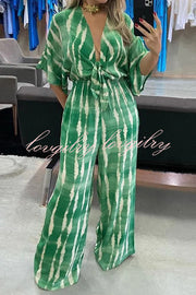 Striped Print V-Neck Lace-Up Casual Wide-Leg Jumpsuit