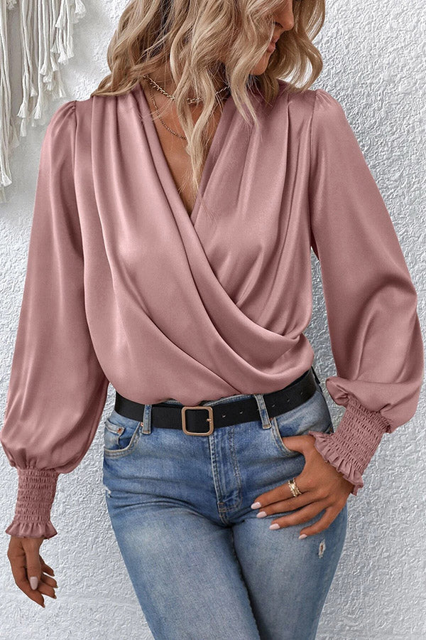 Satin Solid Color V-neck Lantern Sleeve Elegant Loose Shirt