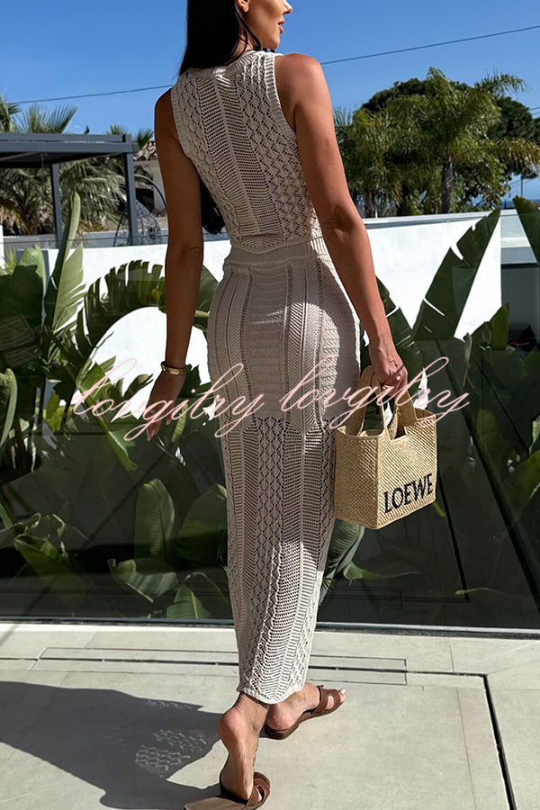 Solid Color Sleeveless Hollow Knit Crop Top and Elastic Slit Slim Midi Skirt Set