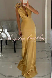 Getting Pretty Satin Flower Decoration Cowl Neck Party Maxi Dress