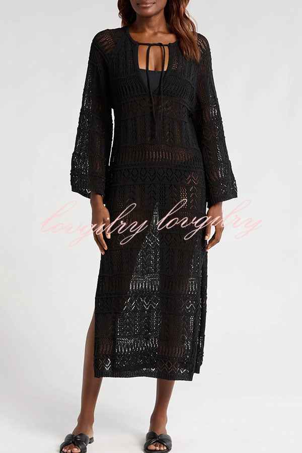 Hollie Knit Unique Pattern Tie-up Long Sleeve Cover-Up Midi Dress