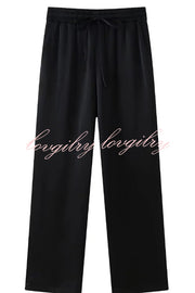 Fashionable Pleated Elastic Waist Tie Casual Pocket Wide-leg Pants