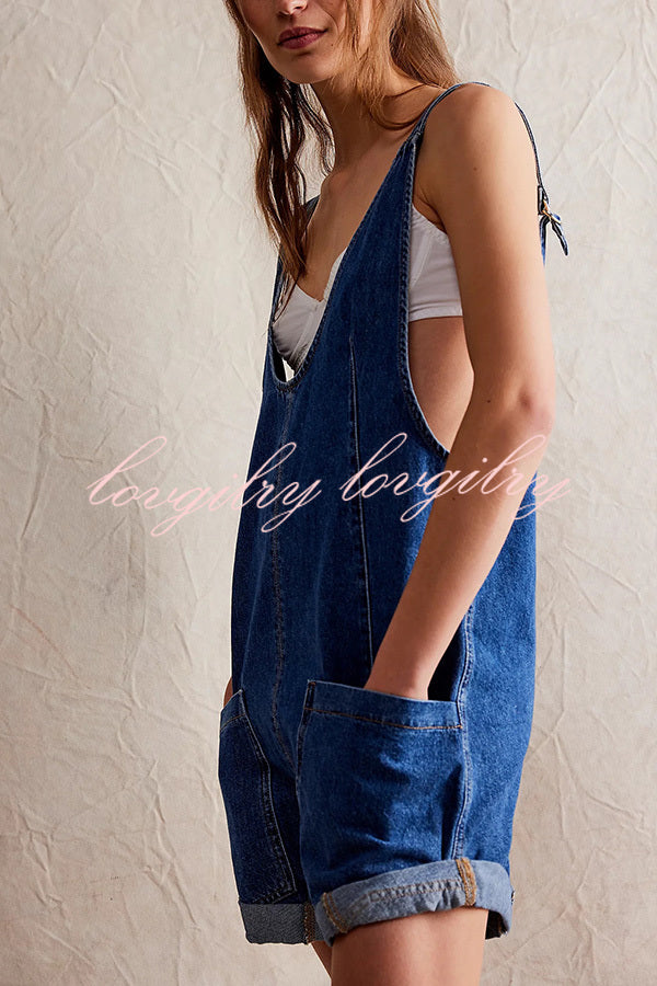 Stylish Loose Sleeveless Pocket Straps Adjustable Denim Rompers