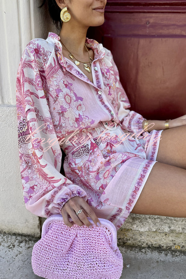 Botanical Print Palace Style Stand-up Collar Lantern Sleeve Loose Top and Casual Shorts Set