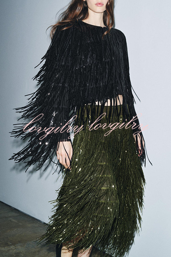 Party Crasher Layered Sequined Tassels Long Sleeve Loose Jacket