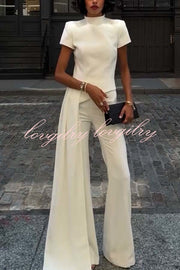 Pippa High Neck Short Sleeve Irregular Drape Hem Top and Elastic Waist Flare Pants Set