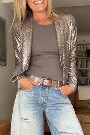 A Shining Day Sequin Long Sleeve Cropped Lapel Jacket