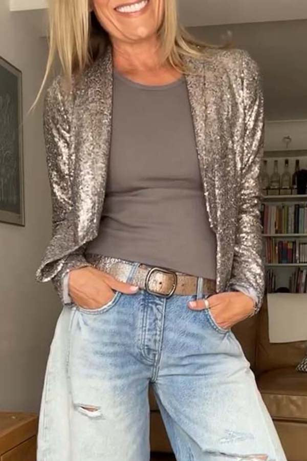 A Shining Day Sequin Long Sleeve Cropped Lapel Jacket