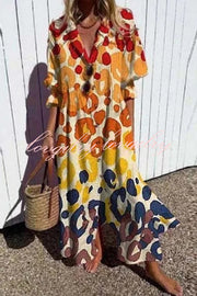 Unique Print Gathered Loose Casual Midi Dress