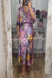 Satin Floral Print V-neck Half-sleeve Loose Top and Elegant Maxi Skirt Set