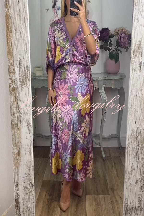 Satin Floral Print V-neck Half-sleeve Loose Top and Elegant Maxi Skirt Set