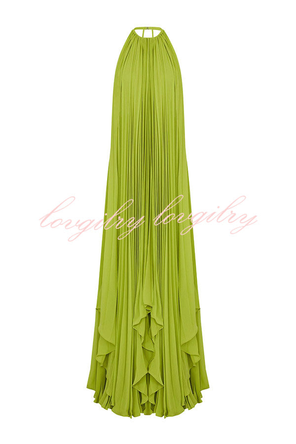 Sexy Backless Tie and Elastic Waist High Slit Pleated Maxi Skirt Set