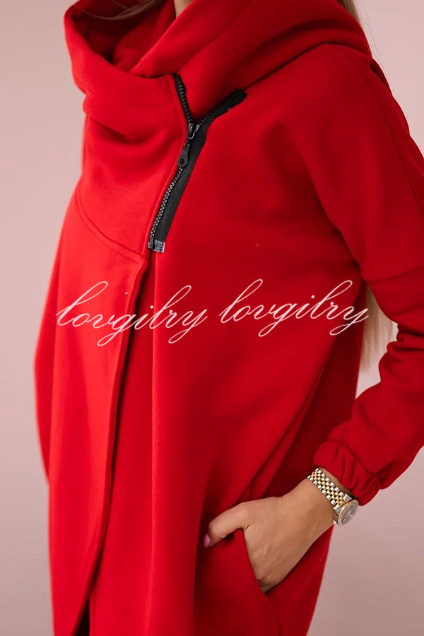 Solid Color Loose Hooded Zip-up Casual Sports Jacket