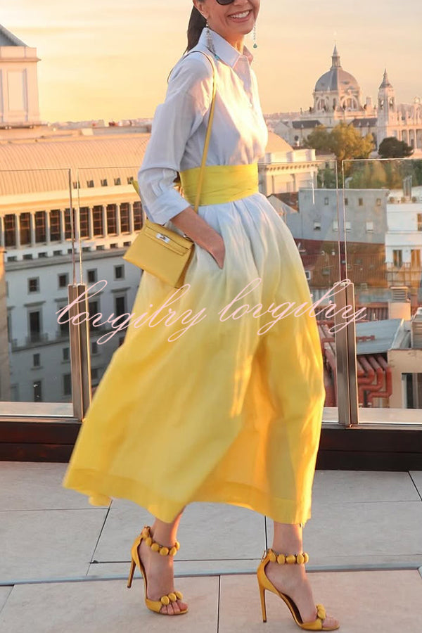 Fashionable Gradient Lapel Long Sleeve Waist Tie Casual Midi Dress