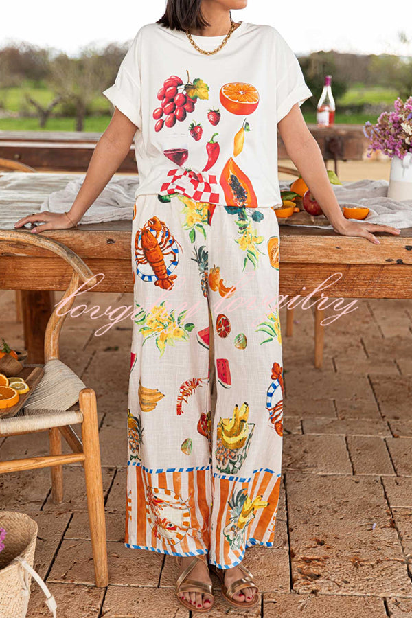Unique Printed Elastic Waist Pocket Vacation Casual Wide Leg Pants