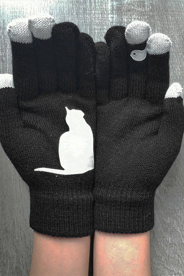 Cat and Bird Print Gloves