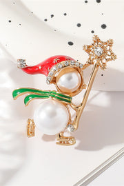 Christmas Snowman Diamond Pearl Ski Brooch