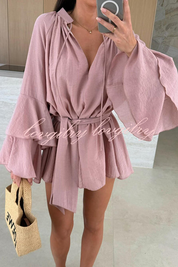 Molly Linen Blend Tiered Bell Sleeve Tie-up Cover-up Mini Dress