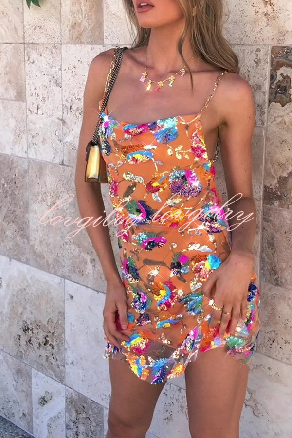 Round Neck Backless Sequin Floral Chain A Line Mini Dress