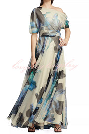 Unique Printed Bohemian Short-sleeved One-shoulder Maxi Dress