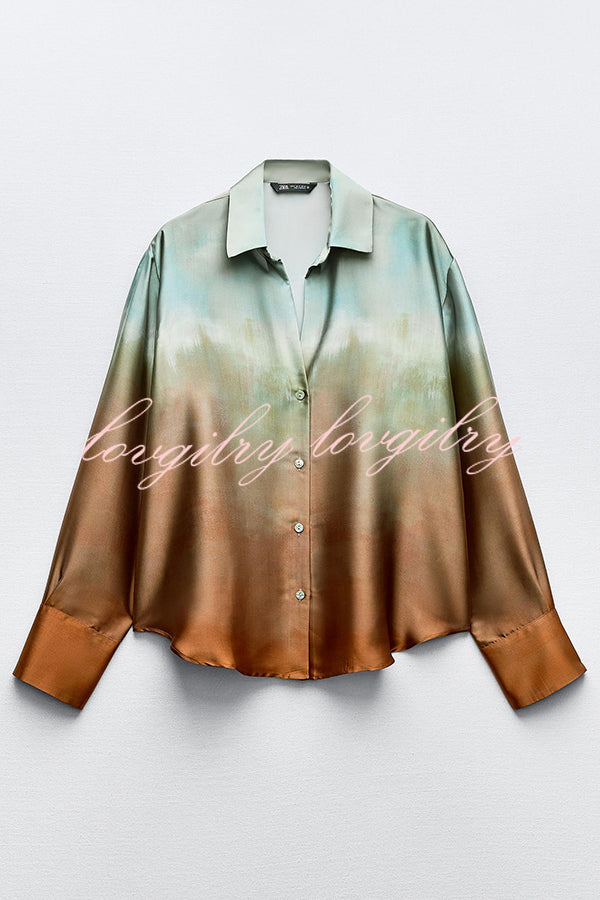 Fashionable Gradient Print Lapel Long Sleeve Casual Shirt