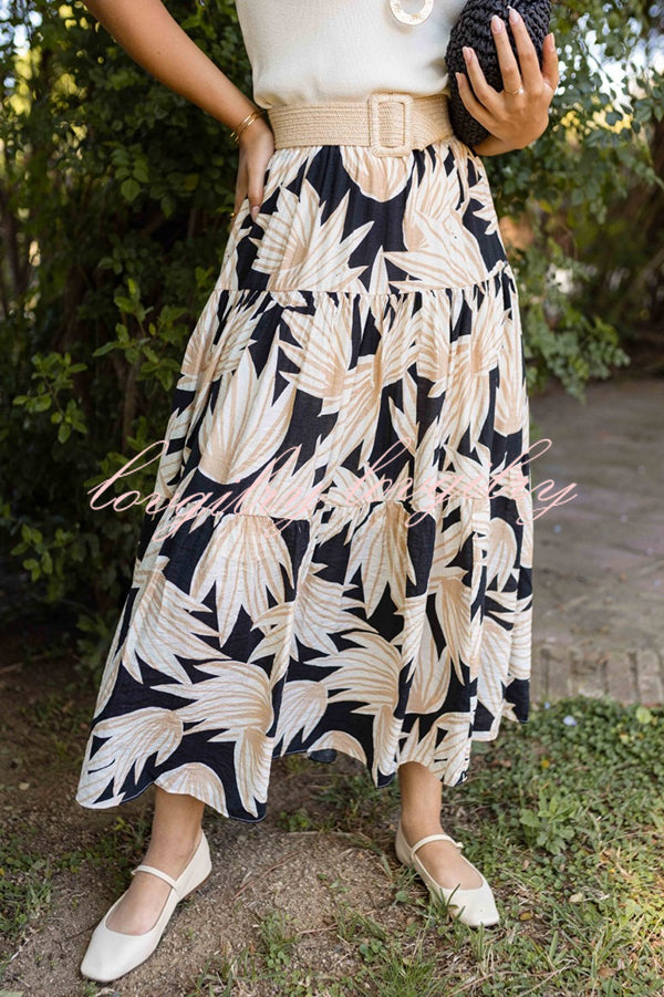 Resort Style Botanical Print Elastic Waist Loose Stitching Midi Skirt