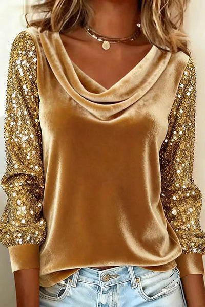Stylish Velvet Sequin Patchwork Long-sleeved Casual Top