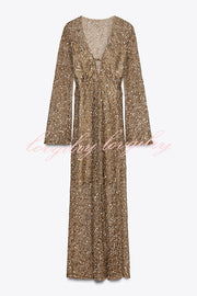 Fashion Sequined Hollow V-neck Long-sleeved Holiday Midi Dress
