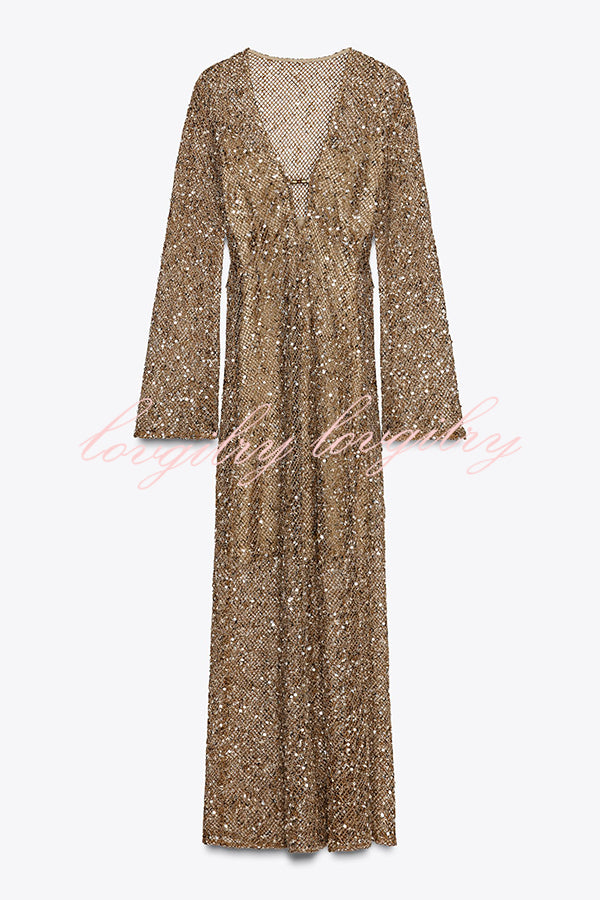 Fashion Sequined Hollow V-neck Long-sleeved Holiday Midi Dress