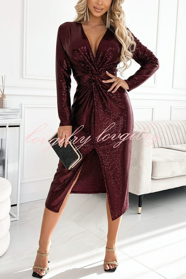 Coralia Sequin V-neck Long Sleeve Twist Waist Front Slit Midi Dress