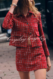 Tweed Plaid Textured Long-sleeved Casual Pocket Jacket